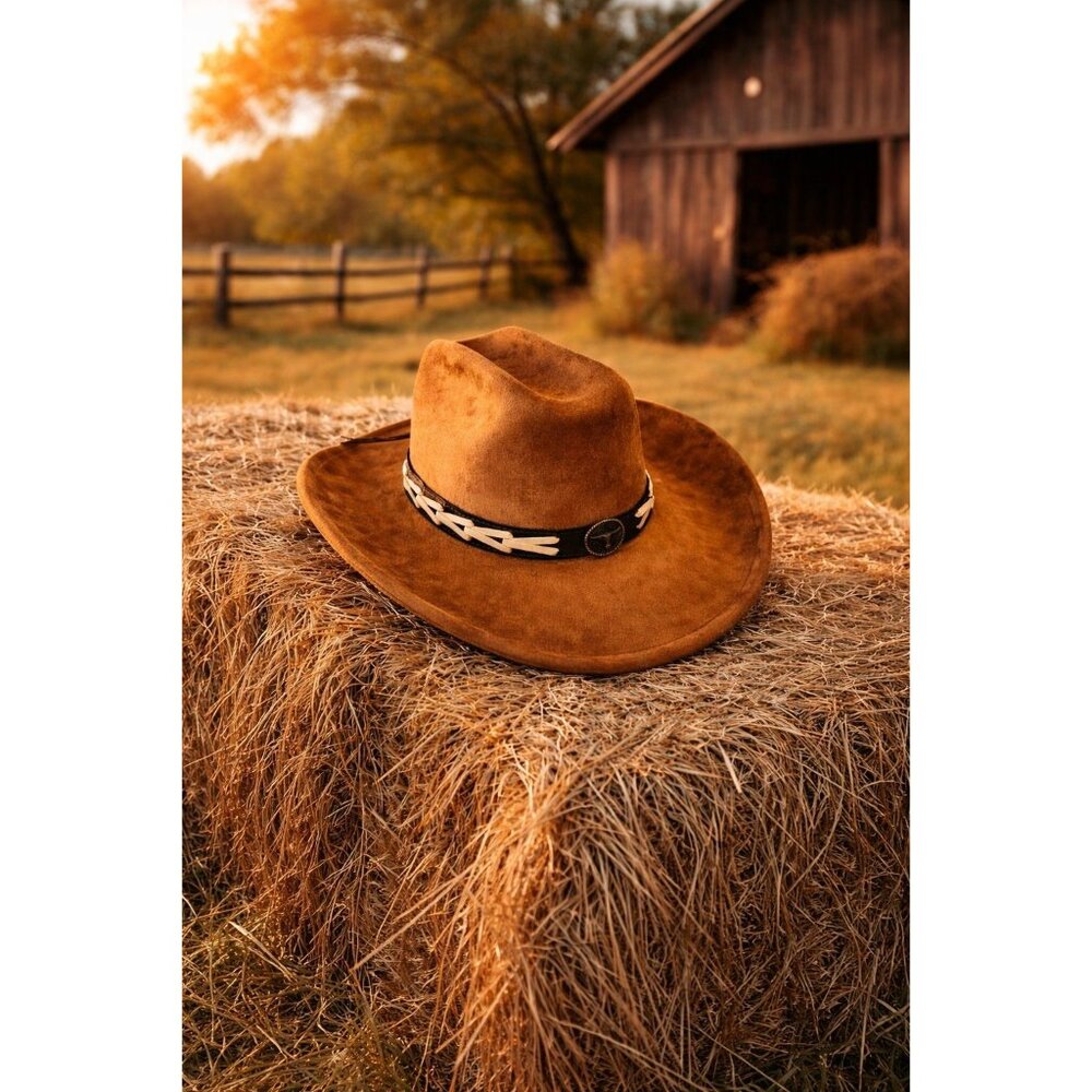 New Brown Cowboy Cowgirl Hat Western Style Bull Pendant Strap Men Women Retro